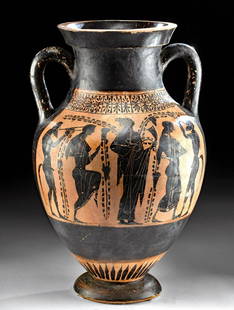 Greek Black-Figure Amphora - Dionysian & Warrior Scenes: Ancient Greece, Athens, ca. 520 BCE. A graceful neck amphora of the type B form with a clearly defined lip and neck, a dramatically curved shoulder, and high arched handles, all supported by a torus