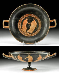 Greek Attic Red-Figure Stemmed Kylix w/ Ephebes: Ancient Greece, Athens, ca. 500 to 480 BCE. A beautiful pottery kylix, expertly hand-painted with images of ephebes or Greek youths in red-figure technique. Boasting a classically elegant profile,