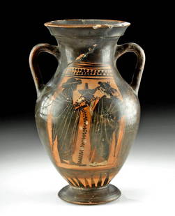 Greek Attic Black-Figure Amphora, Dionysian & Battle: Greek, Attic (Athens), ca. 480 BCE. A splendid pottery amphora adorned with black-figure decoration of a Dionysian scene on 1 side and 2 warriors on the other, both enhanced by incised details and