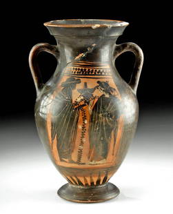 Greek Attic Black-Figure Amphora, Dionysian & Battle: Greek, Attic (Athens), ca. 480 BCE. A splendid pottery amphora adorned with black-figure decoration of a Dionysian scene on 1 side and 2 warriors on the other, both enhanced by incised details and