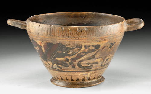 Corinthian Polychrome Skyphos w/ Stag, Lion, Bird: Ancient Greece, Corinth, ca. 6th to 5th century BCE. A lovely wheel-thrown pottery drinking vessel called a skyphos presenting with a discoid foot, an inverted bell-shaped body with a thin rim, and a