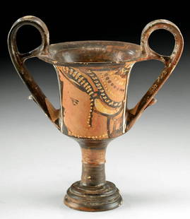 Greek Apulian Kantharos w/ Ladies of Fashion: Magna Graecia, southern Italy, Apulia, ca. 340 to 320 BCE. An elegant kantharos (wine cup) boasting a pair of sweeping high handles with support struts, and thumb spurs. The flared cup's body sits