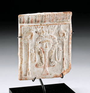 Egyptian 26th Dynasty Pottery Pectoral w/ Hathor: Egypt, Late Dynastic Period, 26th Dynasty, ca. 664 to 525 BCE. A mold-formed pottery funerary pectoral in the shape of a pylon - the door or gateway into a temple. Covered in white pigment, the