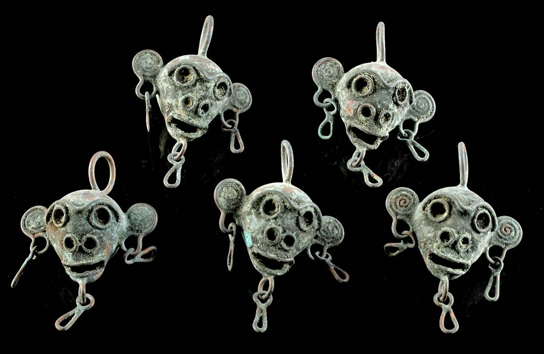 5 Mixtec Copper Pendants w/ Danglers - Monkey Head Form (1 of 2)
