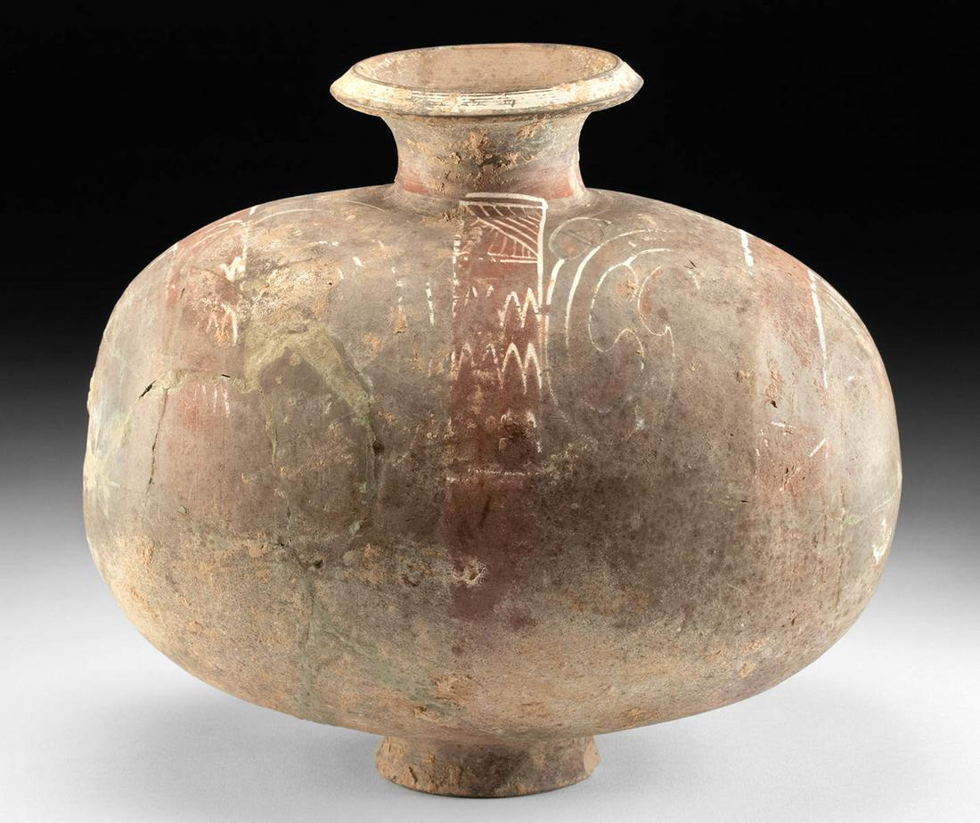 Chinese Han Dynasty Pottery Cocoon Jar, TL Tested: East Asia, China, Western Han Dynasty, ca. 206 BCE to 220 CE. A handsome polychrome cocoon vase presenting a hollow egg-shape, balanced on a flared foot with a flared spout rising from the center of t
