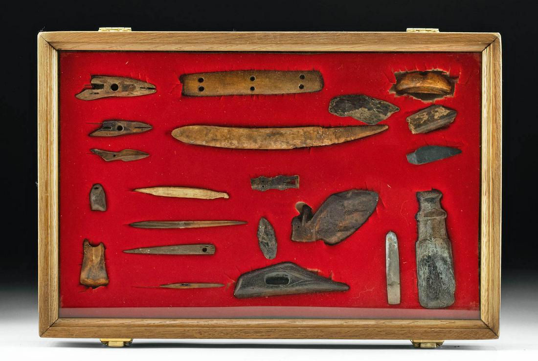 21 Pre-Contact Thule to Inuit Bone & Walrus Ivory Tools: Native American, Northwestern United States, Alaska, Beringian / Old Bering Sea Culture, Punuk / Thule stage to Inuit, ca. 200 BCE to 1800 CE. A collection of 21 marine mammal bone, stone, and walrus