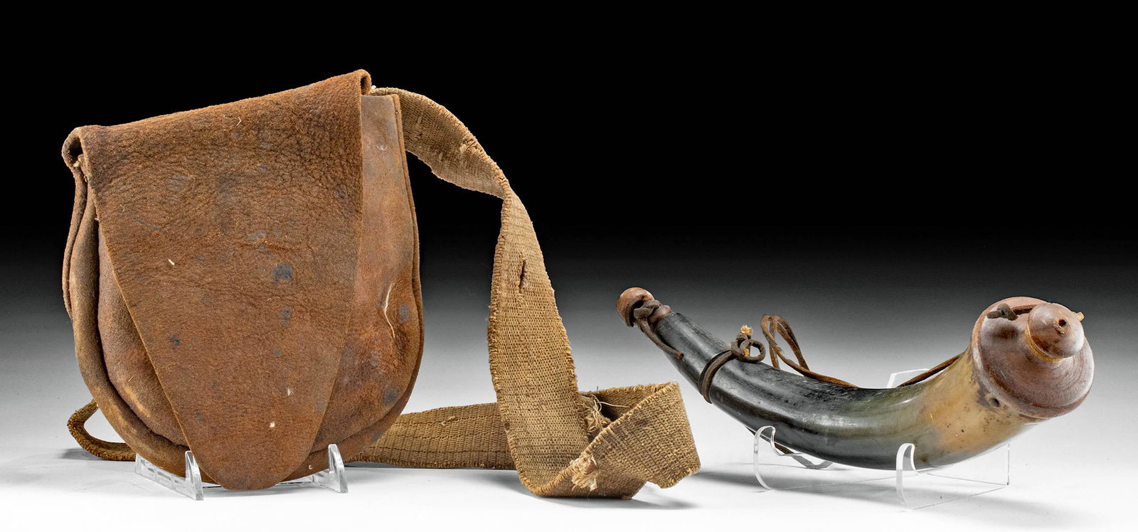 19th C. American  Leather Possibles Bag + Powder Horn (1 of 3)