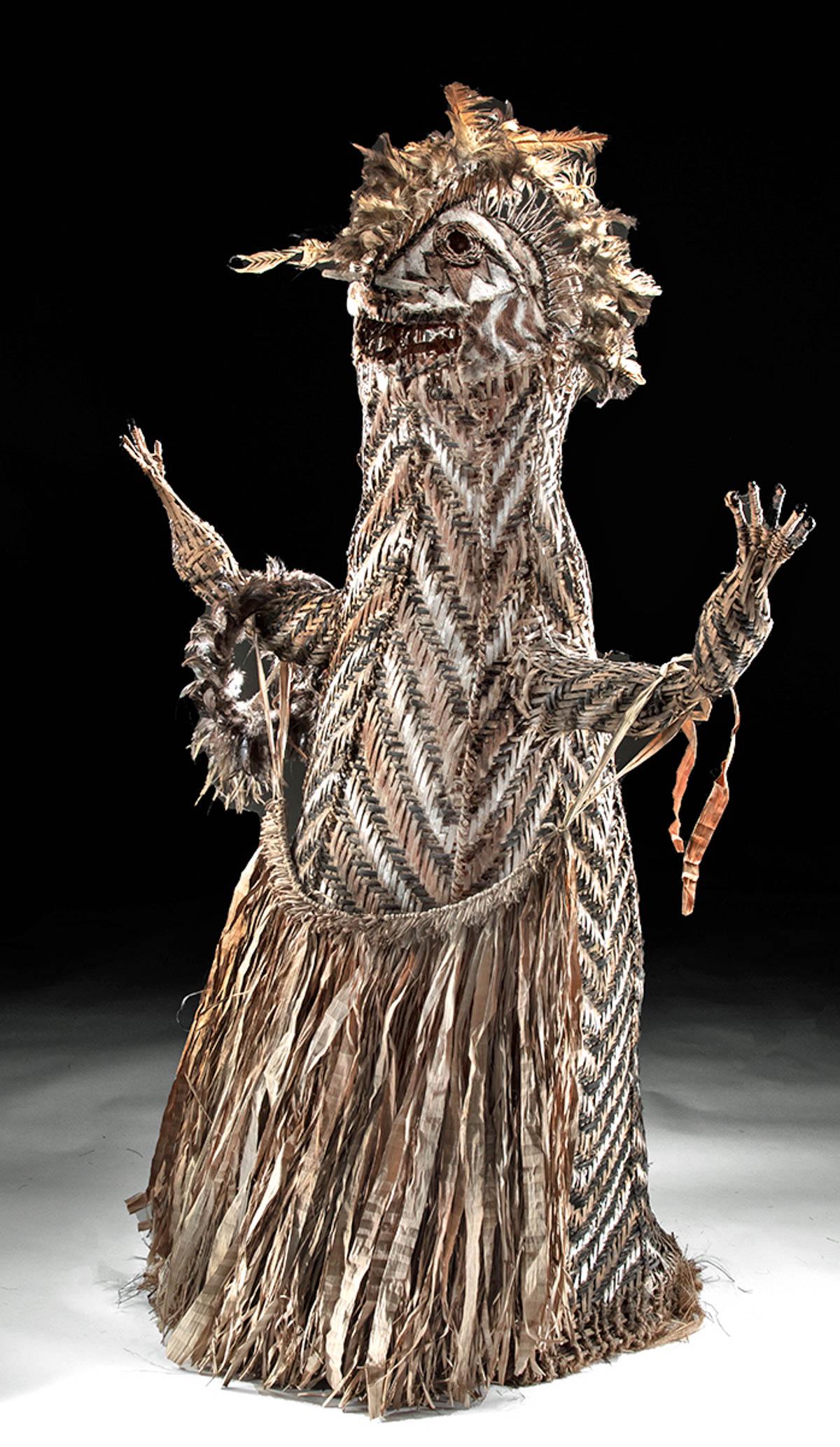 Early 20th C Papua New Guinea Fiber Mask w/ Grass Skirt (1 of 4)