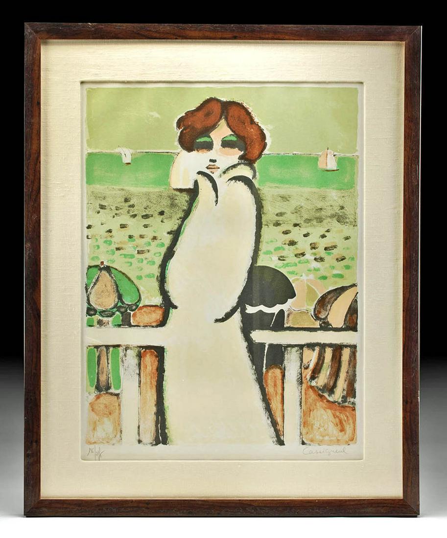 Signed Cassignuel Lithograph, Le Peignoir de Bain, 1967: Jean-Pierre Cassigneul (French, b. 1935). "Le Peignoir de Bain, 167" lithograph in colors, 1967. Signed in pencil at lower right. Numbered 185/275 in pencil at lower left. A serene portrait of a woman
