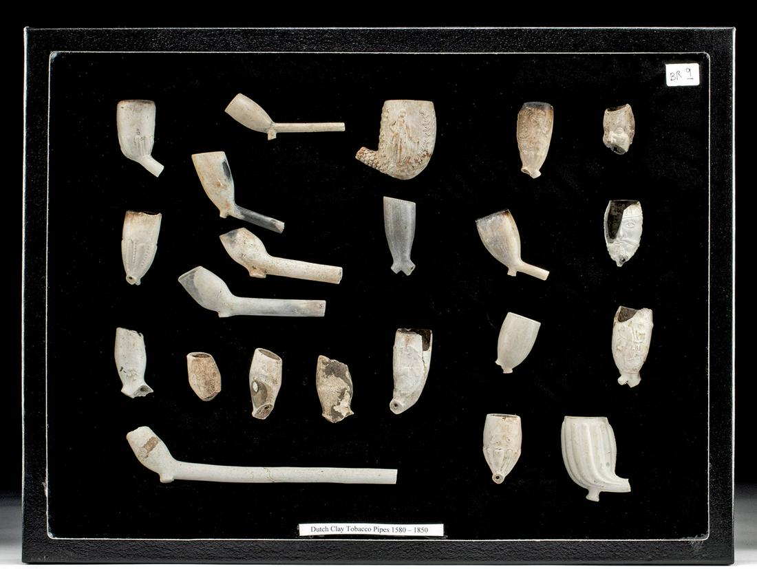 22 Late 16th C. Dutch Clay Tobacco Pipe Fragments: **Originally Listed At $200** Western Europe, The Netherlands, Dutch, ca. late 16th to mid-19th century CE. A fine collection of 22 mold-formed clay pipe fragments of minimalist designs that were used