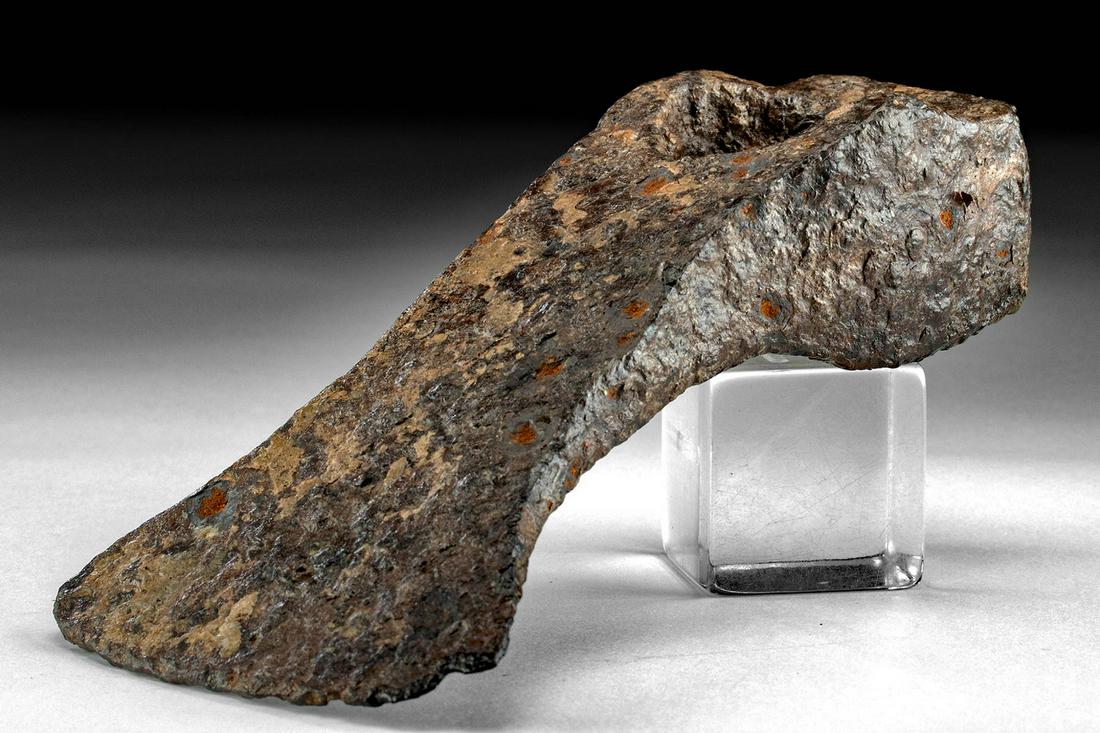 Viking Iron Hoe Head: **Originally Listed At $200** Northern Europe, Scandinavia, Viking or Norse culture, ca. 8th to 11th century CE. A forged-iron hoe blade with a thick socketing shaft and a horizontal blade head effici