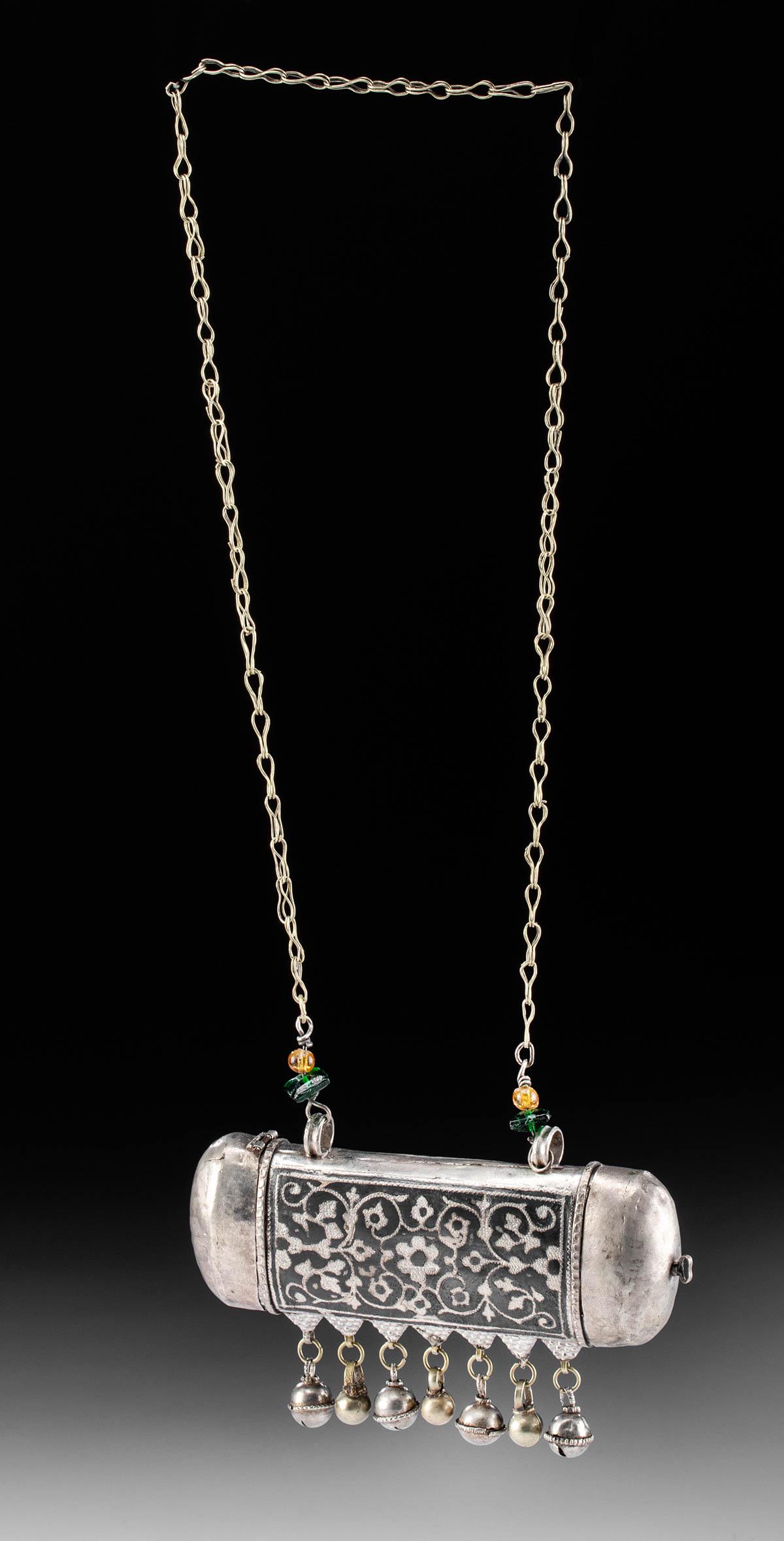 Necklace w/ 19th C. Islamic Silver Prayer Box: **Originally Listed At $250** Central Asia, Tajikistan, Uzbekistan, and Afghanistan, Islamic, ca. 19th century CE. A beautiful 75% silver prayer box known as a taweez or ta'wiz, suspended from a chain