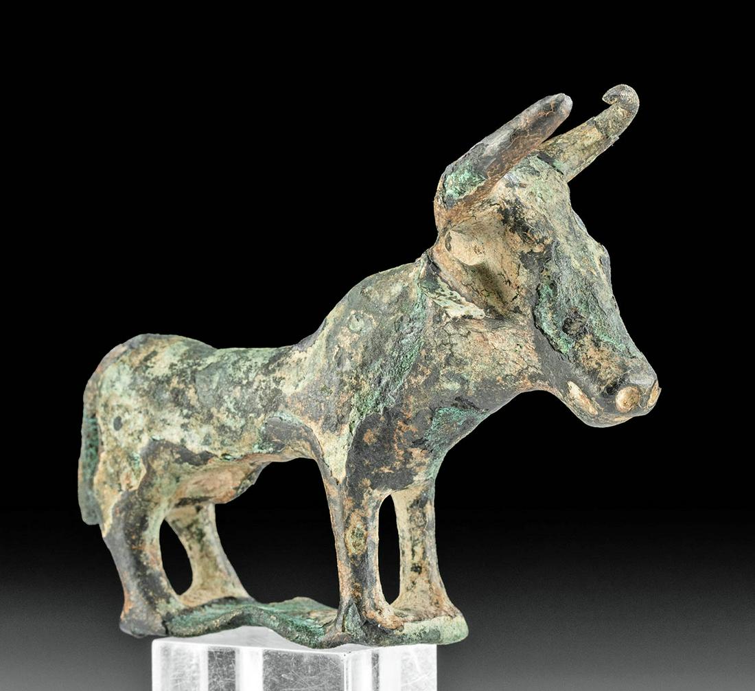 Ancient Mongolian Ordos Bronze Effigy of Bull: **Originally Listed At $800** Northern China, Mongolia, Ordos culture or a neighboring group, ca. 6th to 2nd centuries BCE. A magnificent cast bronze effigy of a bull. He stands on an integral rectang