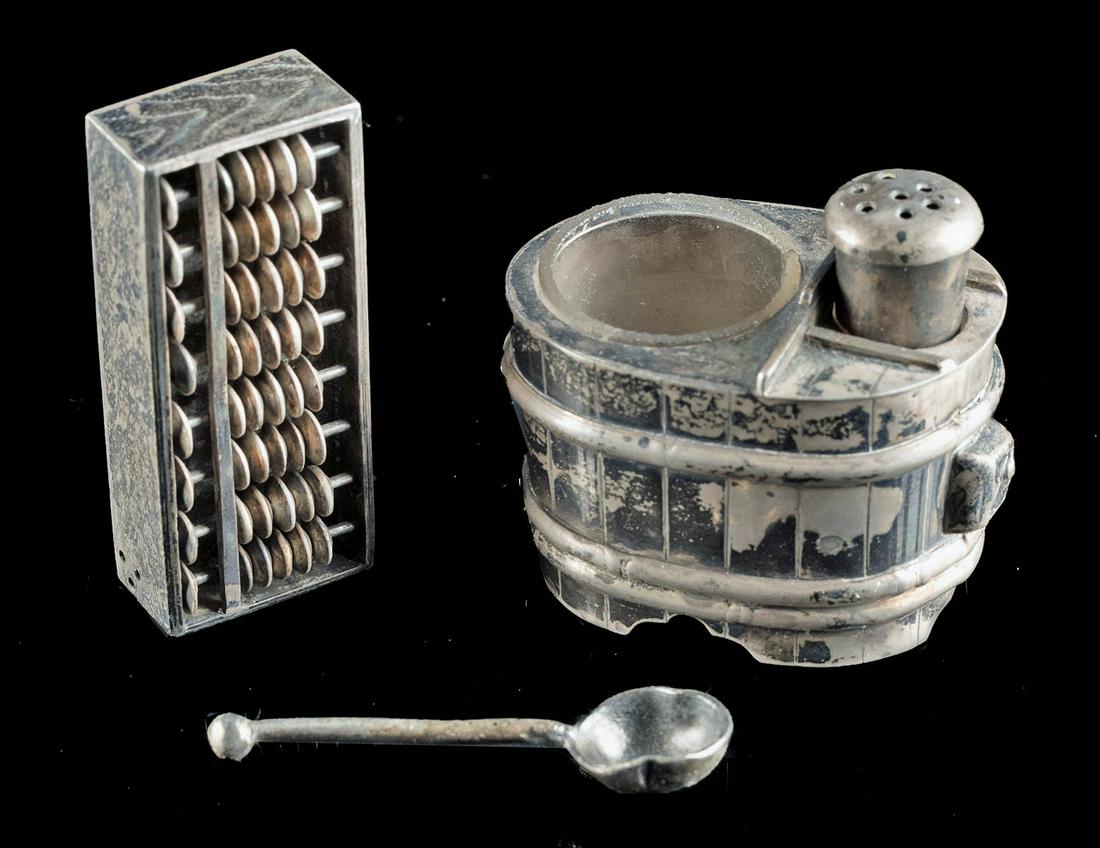 Japanese Meiji Silver Abacus + Salt Shaker / Cruet: **Originally Listed At $200** East Asia, Japan, Meiji to Taisho period, ca. late 19th to early 20th century CE. An adorable pairing of a sterling silver abacus shaker and tub-shaped cruet with a spoon