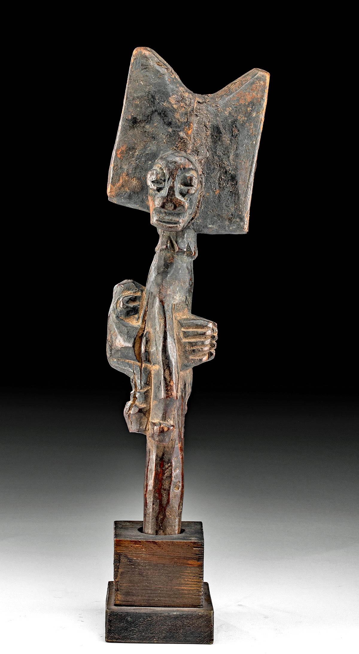 Lot of Two 20th C. Yoruba Wood Carvings - Wand & Tapper: **Originally Listed At $200** West Africa, Nigeria, Yoruba, ca. mid-20th century CE. A set of 2 hand-carved wooden staffs with figural handles. The shorter staff is a dance wand known as an "ose Shang