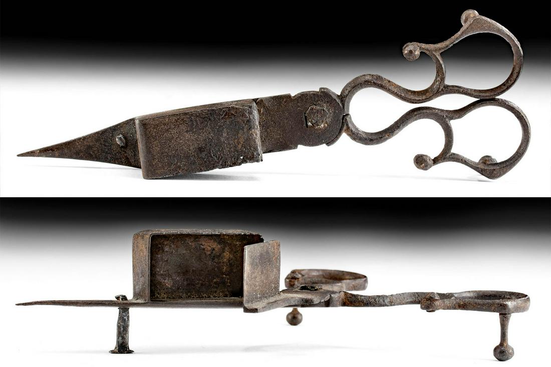 18th C. West European Iron Snuffer / Wick Trimmer: **Originally Listed At $150** Western Europe, likely England or United States, ca. 18th to 19th century CE. A scissor shaped tool known as a snuffer, forged from iron to both extinguished and trim can