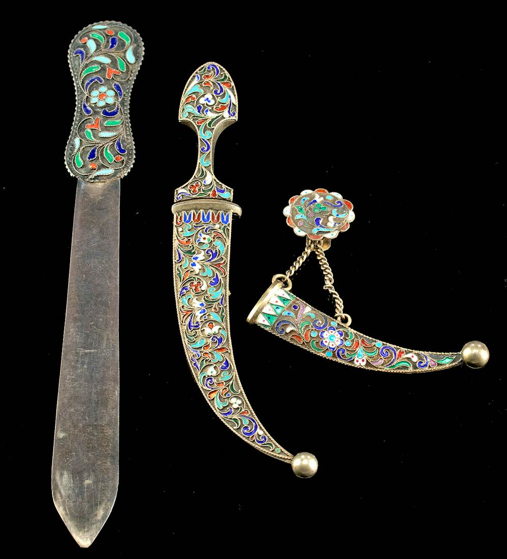 19th C. Russian Silver, Nickel, & Cloisonne Knives (3): **Originally Listed At $200** Eastern Europe, Russia, Imperial Period, ca. late 19th to mid-20th century CE. A beautiful collection of 3 nickel-brass, silver, and cloisonne chatelaines and letter open