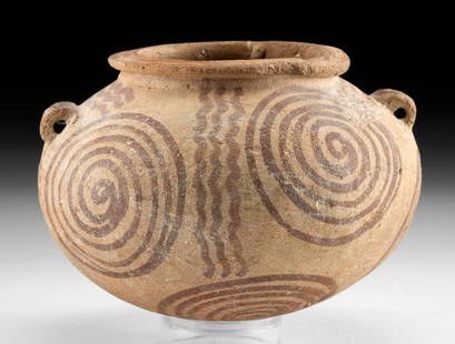 Egyptian Predynastic Naqada II Marl Pottery Jar: Ancient Egypt, Predynastic Period, Naqada II, ca. 3500 to 3200 BCE. A beautiful, hand-built marl pottery jar of compressed spherical form with a round but stable base, a broad body with a bulging