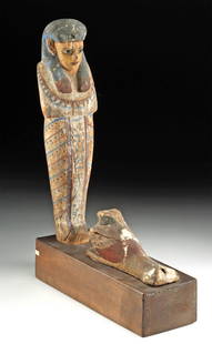 Egyptian Wood Ptah Sokar Osiris w/ Sokar in Hawk Form: Ancient Egypt, Late Dynastic to Greco-Roman periods, ca. 712 to 30 BCE. An amazing, rare artifact from a culture whose enigmatic funerary rituals hint at a truly lost way of life, this piece is a