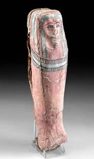 Egyptian 26th Dynasty Painted Gesso / Wood Coffin Model: Egypt, Late Dynastic Period, 26th Dynasty, ca. 664 to 525 BCE. A wonderful example of a petite coffin model, made from two pieces of wood, adorned with gesso over linens, and then decorated with