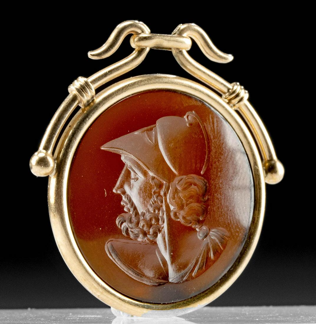 Neoclassical Gold Swivel Pendant w/ Intaglio of Soldier: **Originally Listed At $400** Western Europe, Neoclassical, ca. late 19th to early 20th century CE. This is a fine glass intaglio set into a 53.29% to 53.86% (equivalent to 12K+) gold bezel. The circu