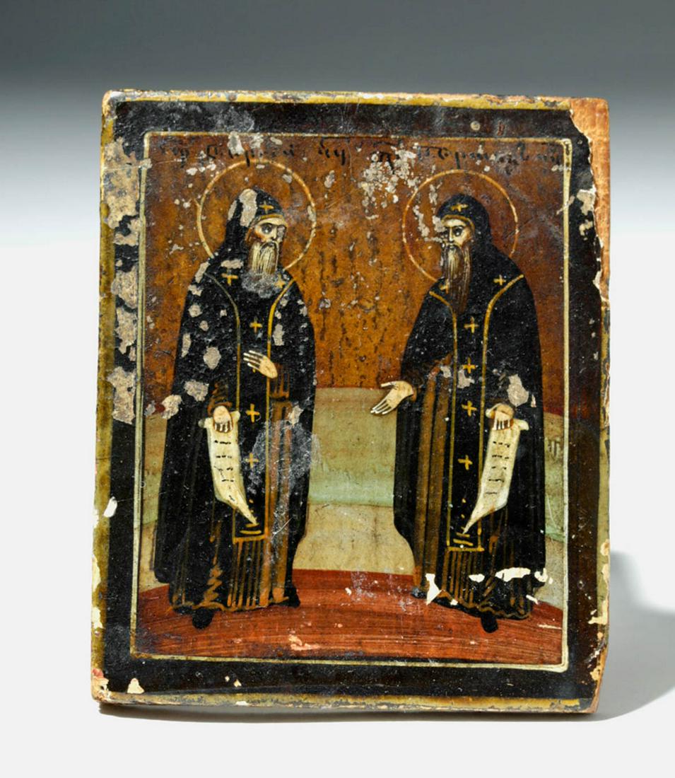 19th C. Russian Icon - Saints Tarasii and Amfilokhii: **Originally Listed At $250** Eastern Europe, Russia, ca. 19th century CE. Finely detailed in in egg tempera and gold leaf atop gesso on wood, a miniature icon depicting the monastic brothers Saints T