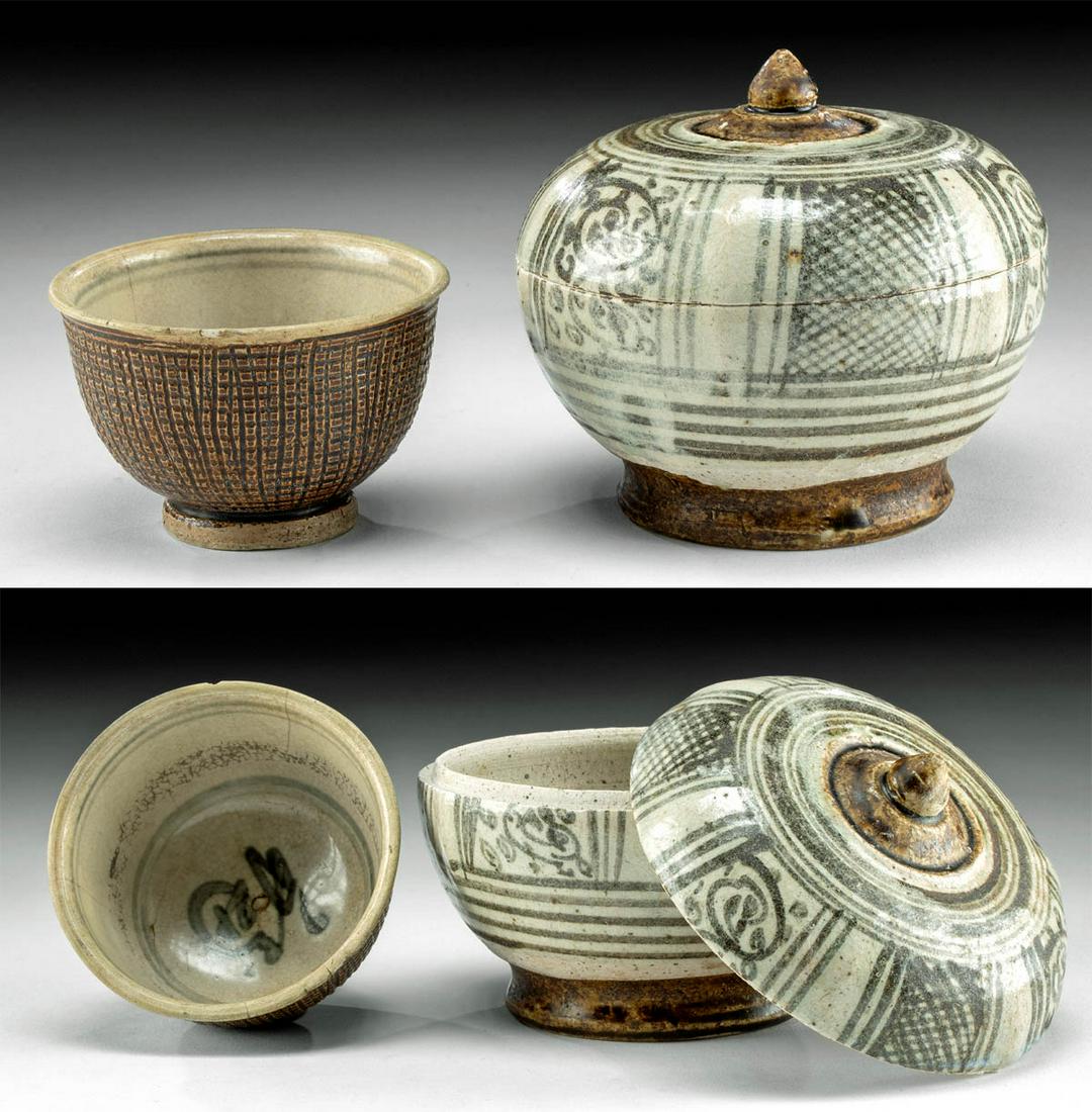 15th C. Thai & Vietnamese Pottery Vessels, 2 pcs: Southeast Asia, Thailand, Sawankhalok (Si Satchanalai), ca. 15th century CE; Vietnam, Anamese, ca. 15th century. A pair of wheel-thrown pottery vessels, an Anamese wine cup and lidded Thai jar, both p