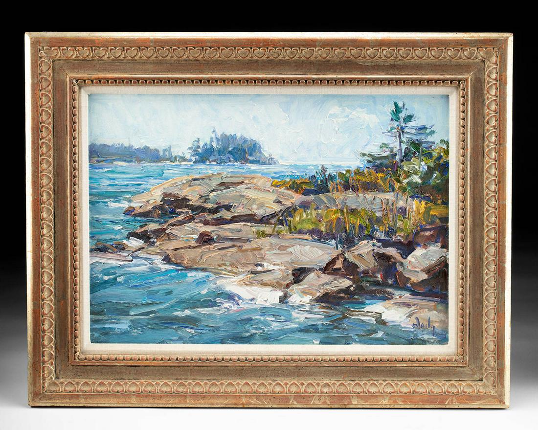 Exhibited Mark Daily Painting "July Spider Bay": Mark Daily (American, b. 1944). "July - Spider Bay" oil on board, n.d. Signed on lower right. A breathtaking view of Spider Bay in Ontario, Canada by Mark Daily. Daily's composition welcomes the viewe