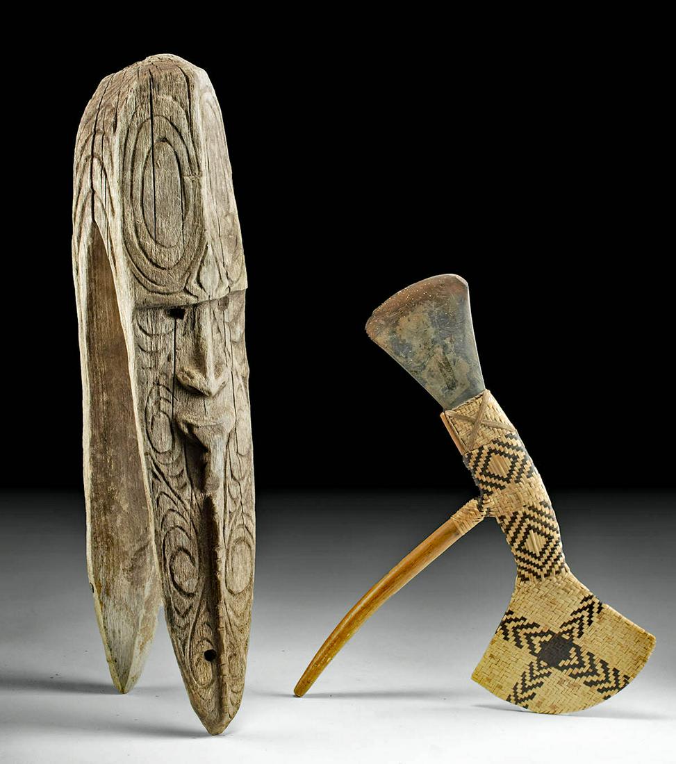 19th C. PNG Iatmul Canoe Prow + Adze (1 of 2)