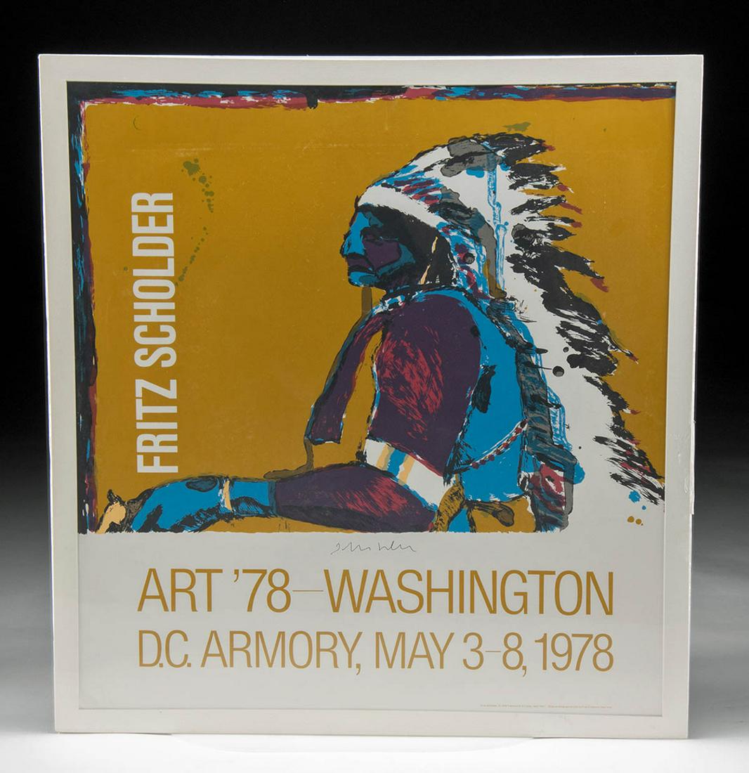 Signed Fritz Scholder Serigraph - "Indian With Pistol": Fritz William Scholder (American - Mission/Luiseno, 1937-2005). "Art '78 - Washington D.C. Armory Show" serigraph on paper, printed by Fine Creations of New York, ca. 1978. Hand signed below central i