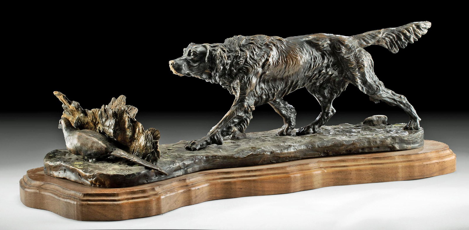 John Scott Bronze - Setter Pointing at Pheasant, 1998: John J. Scott (American, 1919-2016). "Here's One John" silicon bronze, ca. 1998. Inscribed with the artist's signature and ram symbol as well as title/inscription and the edition number 3/32. Skillful
