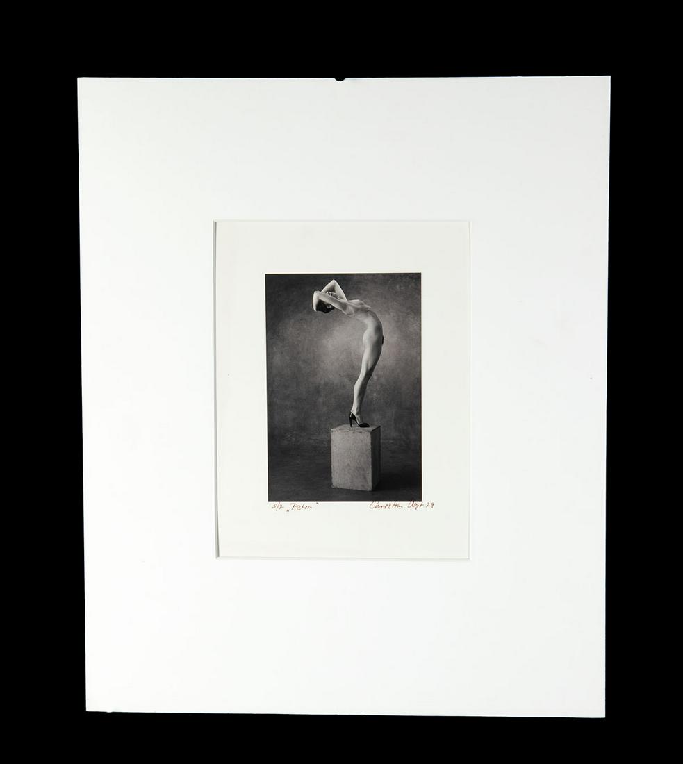 Christian Vogt Photograph - "Petra" (1979): Christian Vogt (Swiss, b. 1946). "Petra" gelatin silver print, edition 5 of 7, 1979. A striking photograph of a woman - presumably "Petra" - in the nude save a pair of stiletto heels, standing in prof