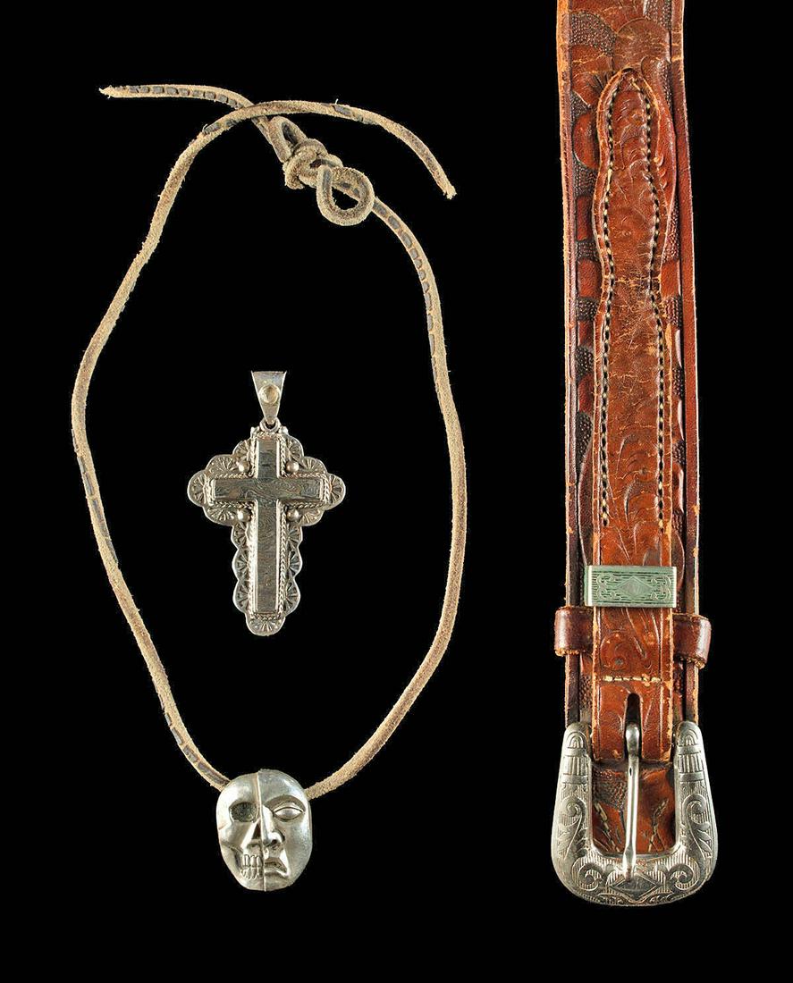 Two 20th C. Mexican Silver Pendants & Leather Belt (1 of 3)
