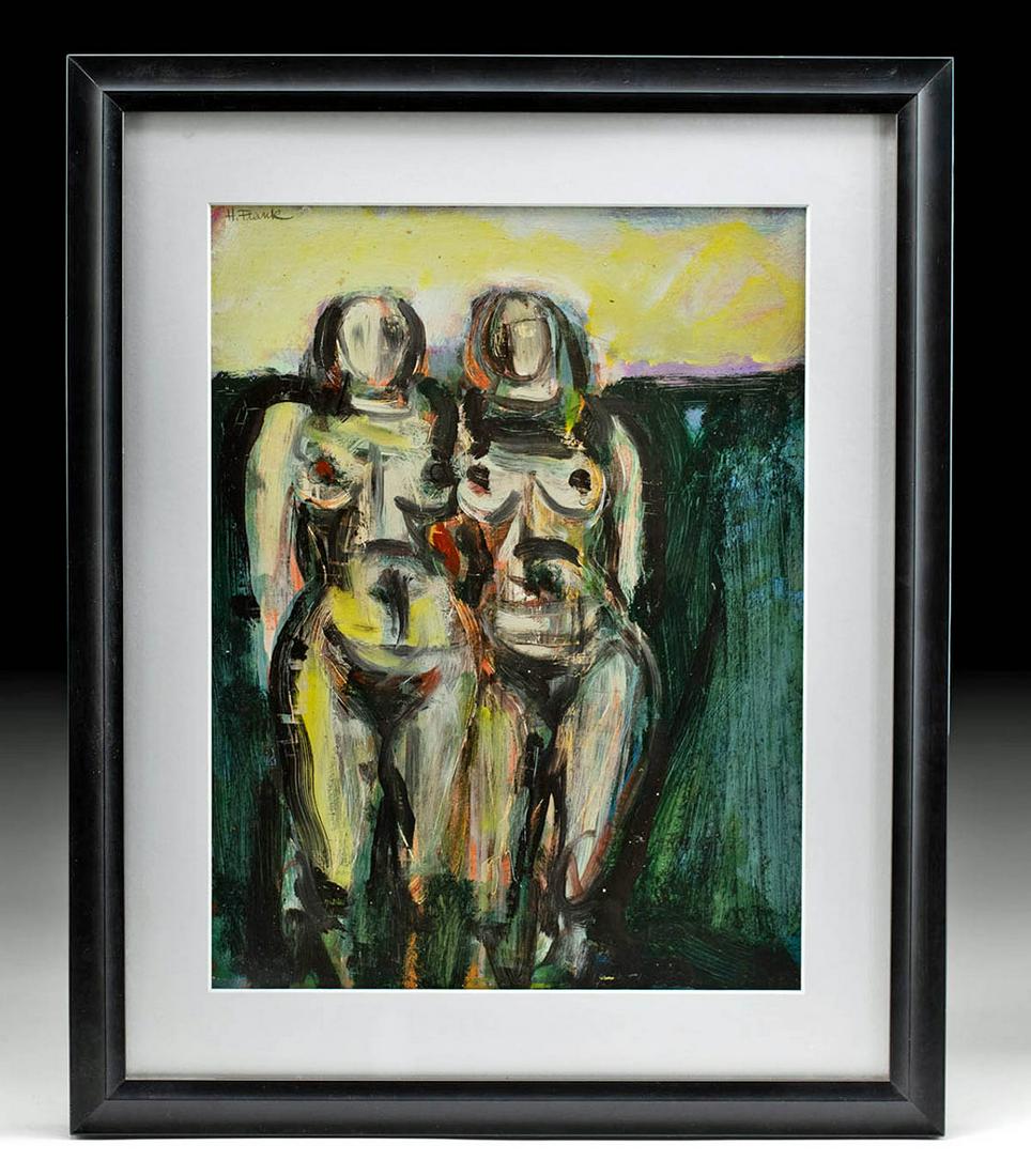 Signed Harold Frank Painting "Two Nudes, Yellow Sky": Harold Frank (American born in England, 1921-1995). "Two Nudes, Yellow Sky" mixed media on paper, n.d. Signed at upper left. A striking composition by Harold Frank depicting an Abstract-Expressionist