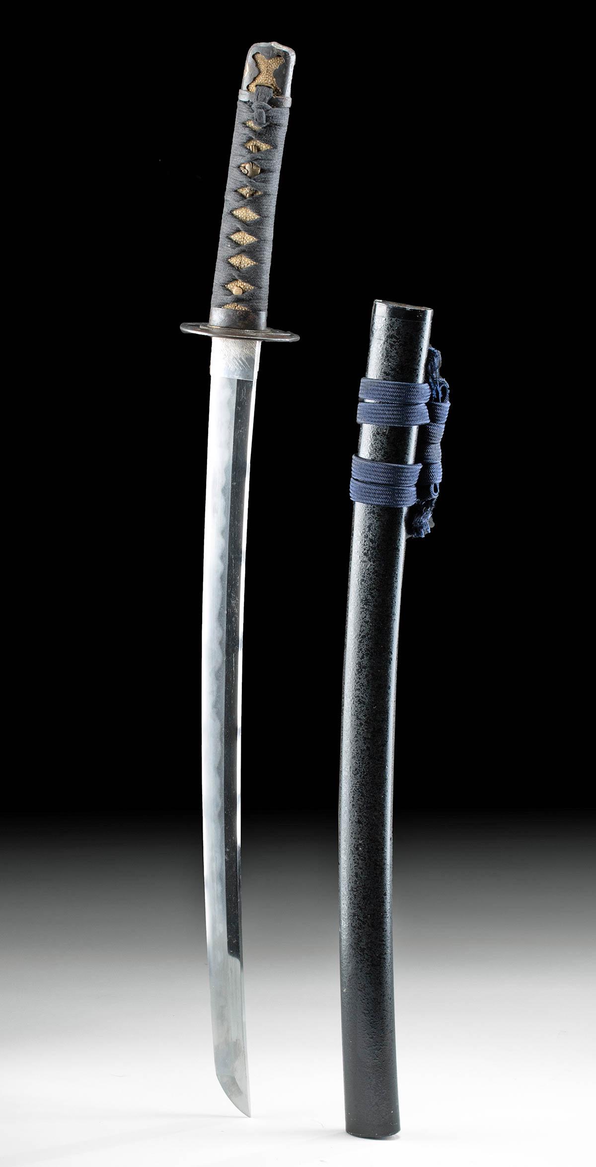Signed 1650s Japanese Edo Wakizashi by Bishu Osafune: East Asia, Japan, early Edo Period, ca. mid-17th century, signed "Bishu Osafune" on tang. A forged steel wakizashi blade of elegant shinogi-zukuri form bearing a diamond-shaped (iori-mune) profile and
