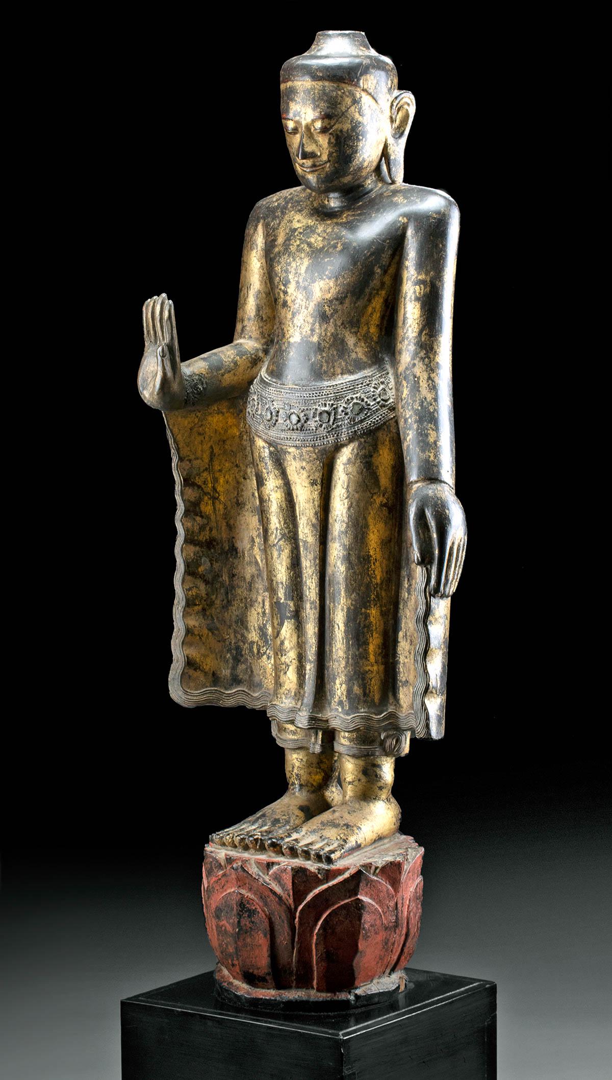 19th C. Burmese Gilt Wood Standing Abhaymudra Buddha (1 of 5)