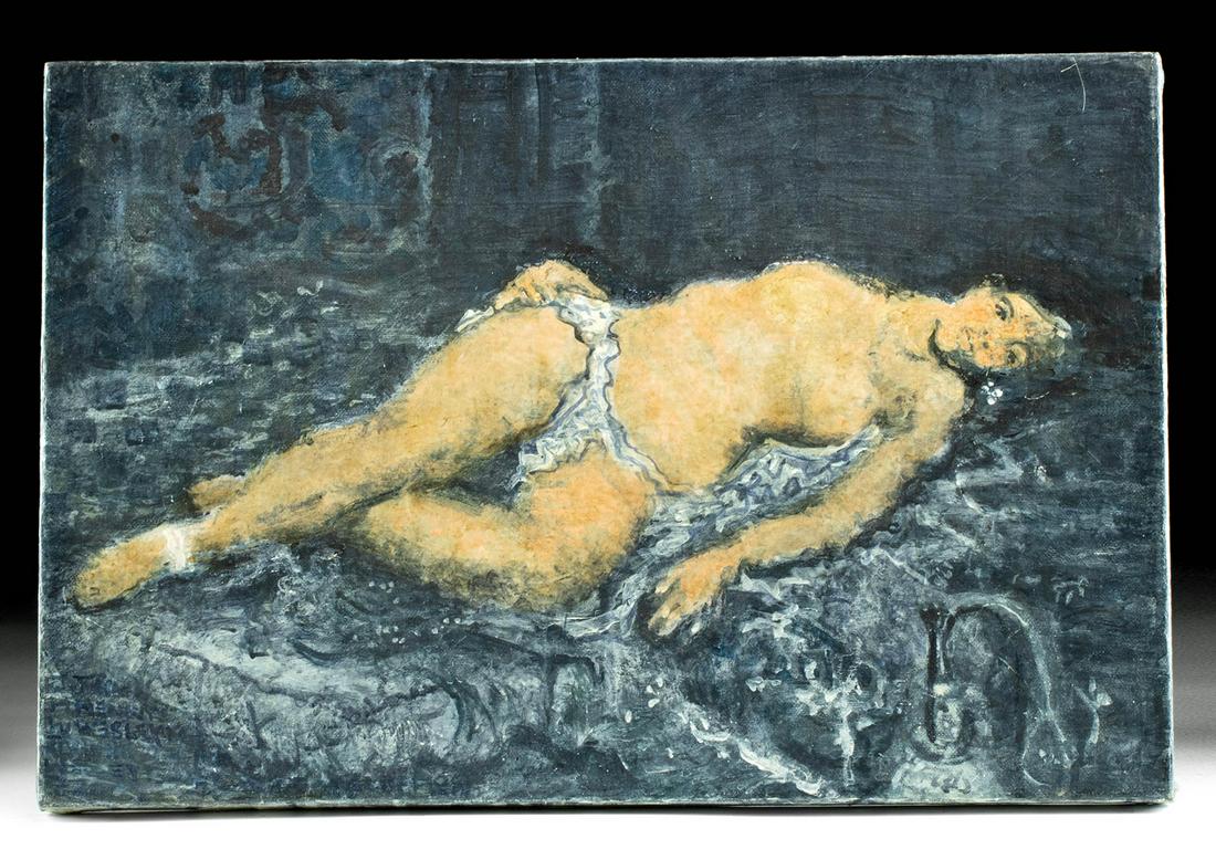 19th C. European / American Painting - Reclining Female: **Originally Listed At $400** Anonymous (likely Western European or American, 19th century). Reclining Female. Acrylic on canvas, ca. 19th century CE. Indecipherable inscription in lower left corner, 