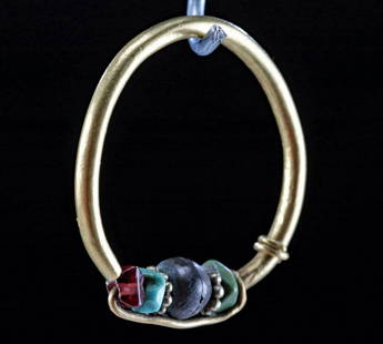 Greek Cypriot Gold Earring w/ Turquoise, Glass Beads: **Originally Listed At $300** Ancient Greece, Cyprus, ca. 5th to 2nd century BCE. A stunning gold hoop earring comprised of a thick, tubular band in a torc form strung with silver, turquoise, and