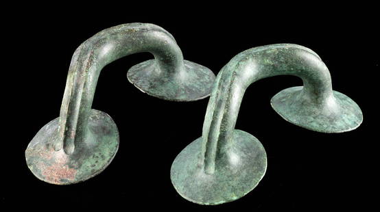 Classical Greek Leaded Bronze Vessel Handles (pr): **Originally Listed At $300** Greece, Classical period, ca. mid-5th century BCE. A fine pair of matching cast leaded-bronze handles, that perhaps graced the sides of a vessel such as a hydria. The