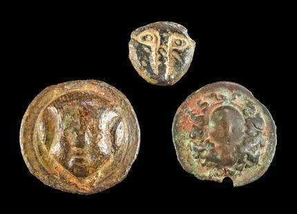 Roman Gilded Bronze Appliques, Relief / Etched Visages: **Originally Listed At $400** Roman, Imperial Period, ca. 1st to 4th century CE. A trio of cast leaded-bronze appliques comprised of flat, circular versos with relief and etched visages on the