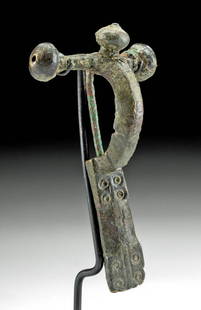 Roman Bronze Crossbow Fibula - Military Issue: **Originally Listed At $350** Roman Empire, Imperial Period, ca. 1st to 3rd century CE. A wonderful, bronze "crossbow" fibula or brooch, featuring a cruciform profile, with three round bulbs on the