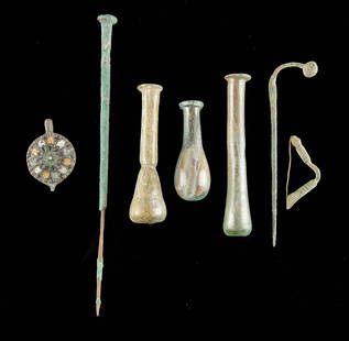 Roman Artifacts - Glass, Copper, Enamel, Bronze: **First Time At Auction** Roman, Imperial Period, ca. 1st to 3rd century CE. A collection of 7 ancient Roman glass, enameled leaded-bronze, bronze, and copper artifacts which includes 3 vials, a