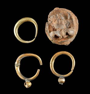 3 Roman Gold Earrings + Silver Jewelry Item: **First Time At Auction** Roman, Imperial Period, ca. 1st to 3rd century CE. A collection of 3 high quality 75.9% to 80.1% gold earrings (equivalent to 18K+ to 19K+) and a fragment of a silver