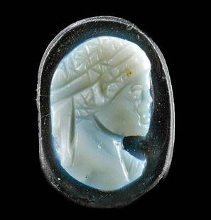 1st C. Roman Sardonyx Cameo Female in Profile: **Originally Listed At $900** Roman, Imperial Period, ca. 1st to 3rd century CE. A petite cameo finely carved from sardonyx, the sculptor taking full advantage of the black and white hues of the