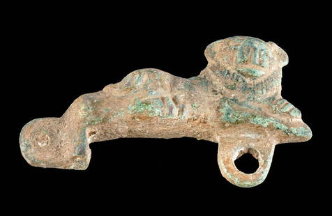 Roman Leaded Bronze Hasp Reclining Lion: **Originally Listed At $250** Roman, Imperial Period, ca. 2nd to 4th century CE. A fine, leaded-bronze hasp in the form of a reclining lion. The majestic creature lays with his front paws folded