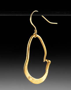 1st C. Roman Gold Hoop Earring: **First Time At Auction** Roman, Imperial Period, ca. 1st to 3rd century CE. A singular earring shaped from a flattened strip of 96% gold (equivalent to 22K+) with its original, integral loop and hook