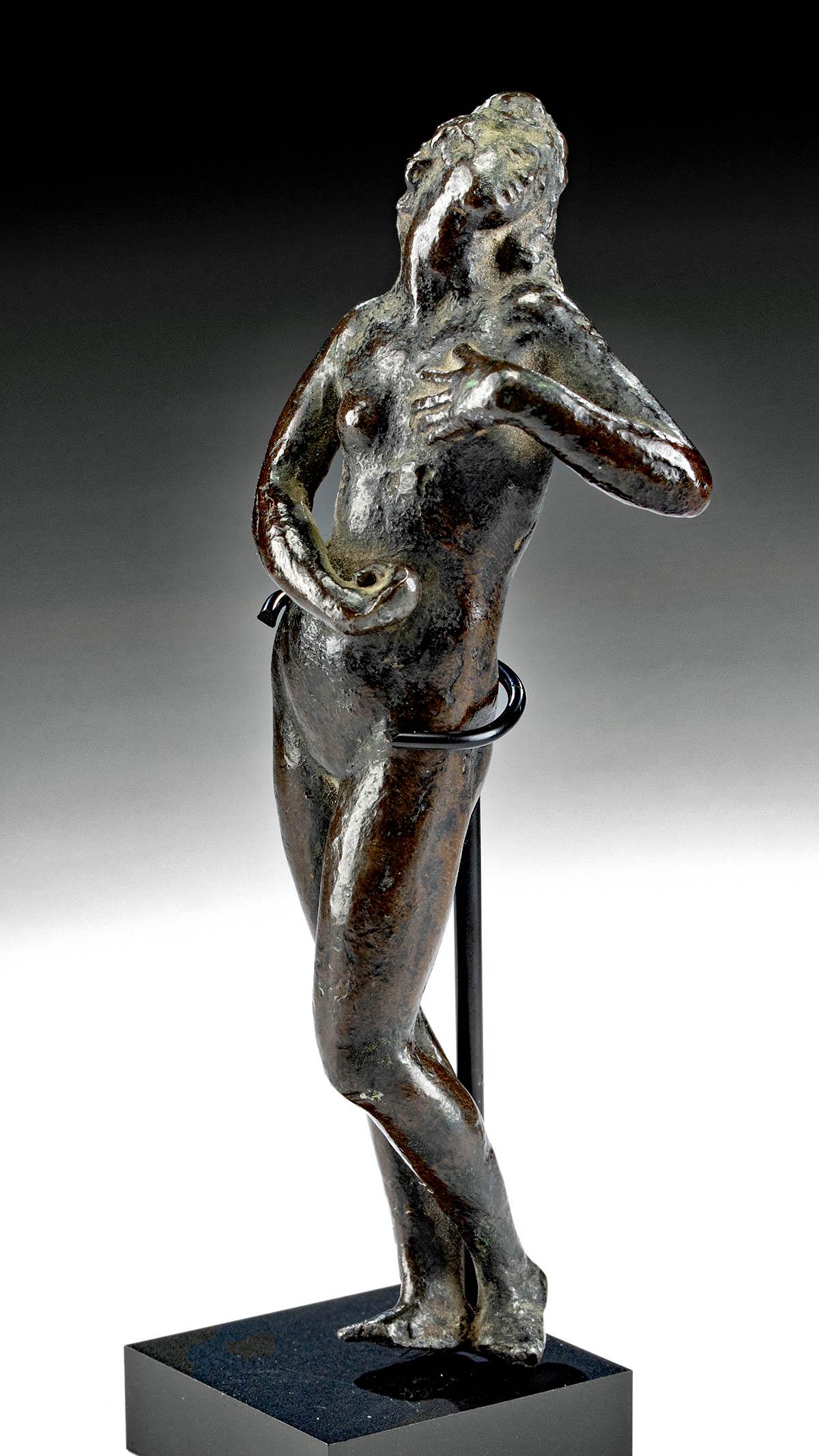 18th C. European Bronze Female Nude - Nymph or Venus: **Originally Listed At $1500** European (French or Italian) ca. 18th to 19th century. Finely cast via the lost wax process, a petite bronze statue of a female nude, perhaps Venus, the goddess of love,