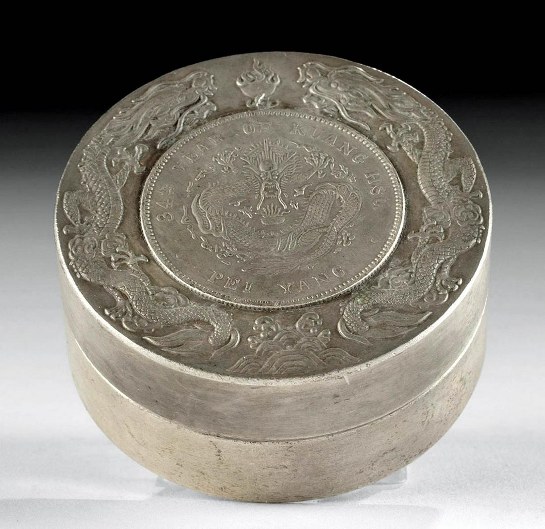 1908 Chinese Silver Dragon Coin Inlaid in Brass Inkbox (1 of 6)