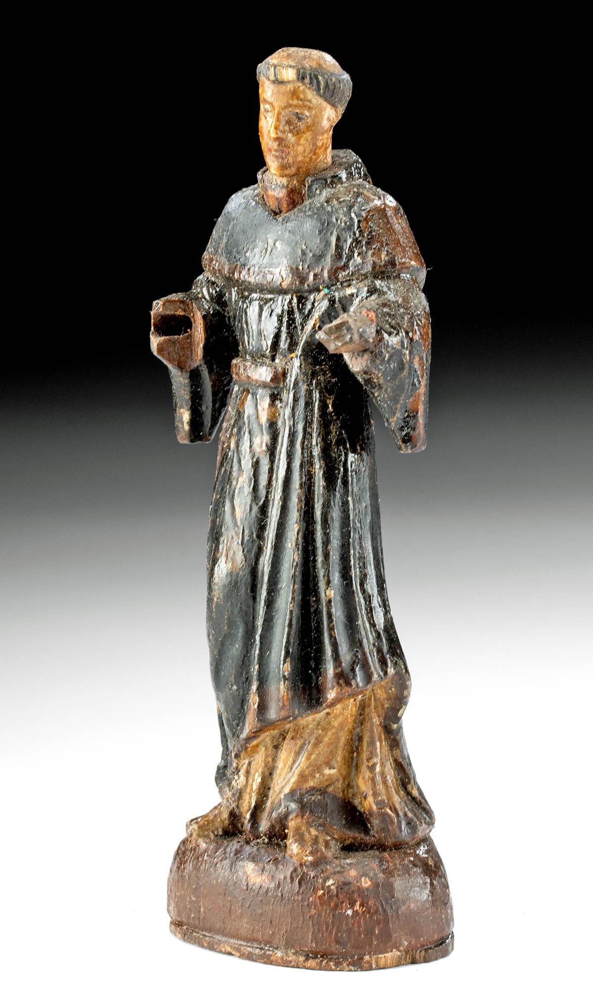 19th C. Filipino Wood Santo St. Francis of Assisi: **Originally Listed At $400** Southeast Asia, Philippines, Spanish Colonial influence, ca. late 19th to mid-20th century CE. A hand-carved wood santo of Saint Francis of Assisi with a head sculpted fr