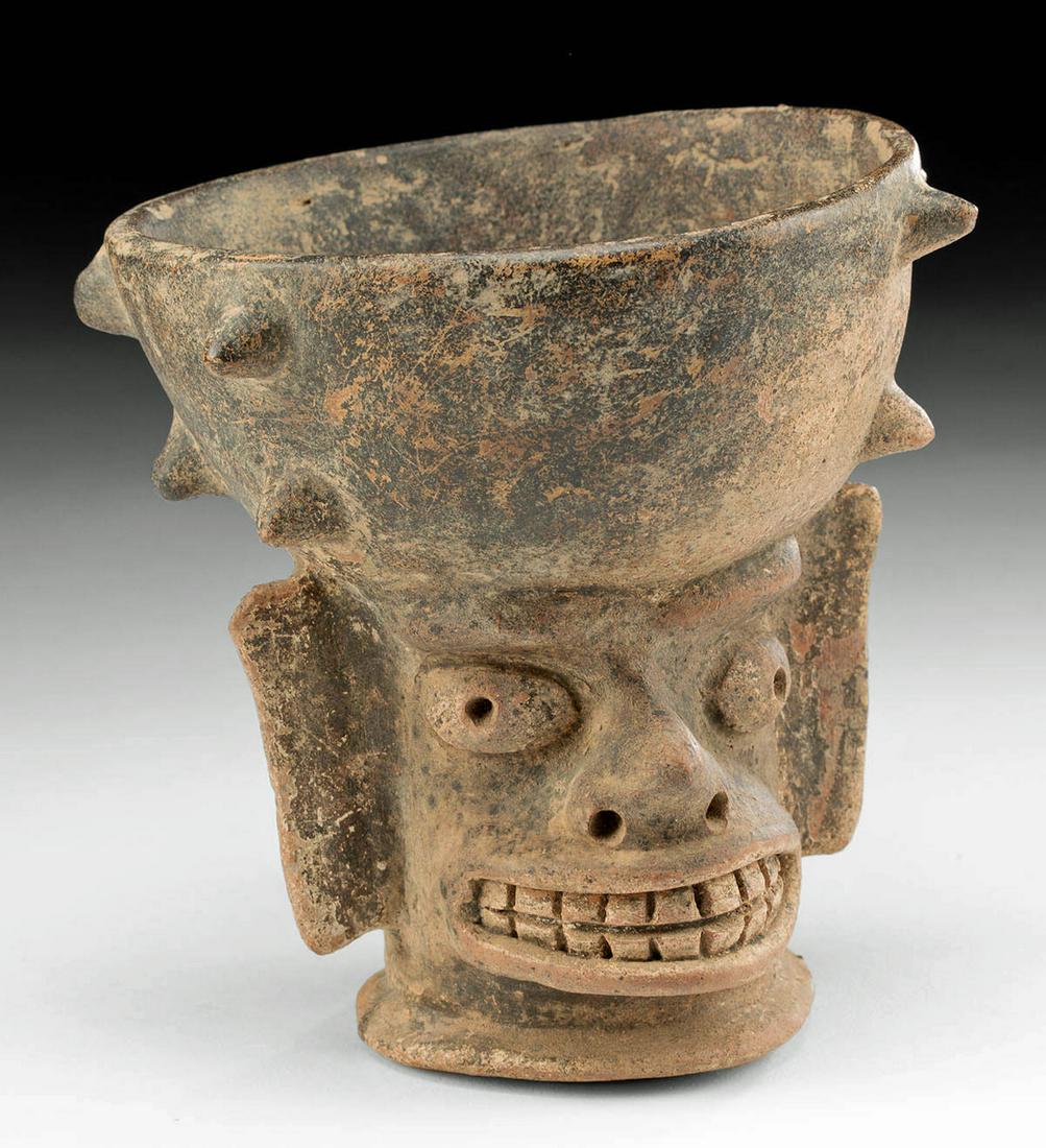 Maya Incensario Rain Deity Tlaloc, ex-Schmitt: Help those in need this holiday season! Artemis Gallery is donating 100% of the Buyer's Premium from all lots sold in this auction to COMMUNITY FOOD SHARE. Each $1.00 donated = 3 meals! Pre-Columbian,